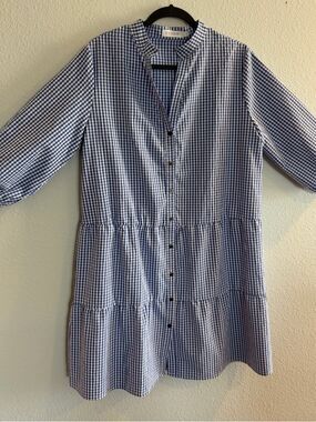 CCTOO Blue & White Gingham Button Dress Size Large, Cottagecore Flowy Midi